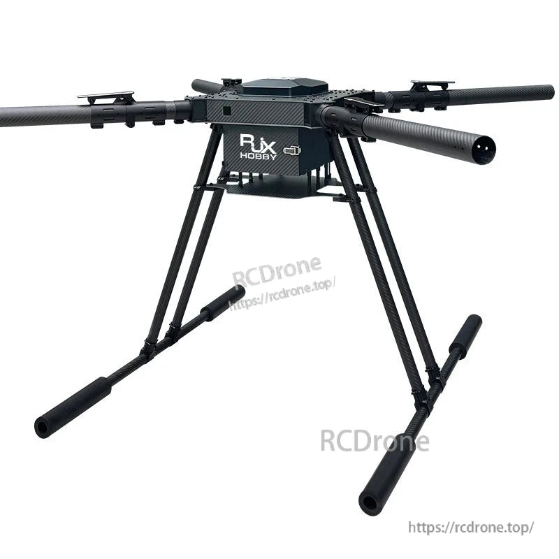 RJX1450 carbon fiber folding quadcopter frame with four tubular arms, center plate, and tall landing gear