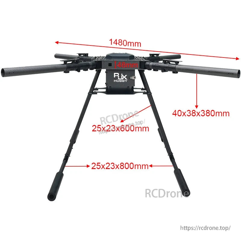 Carbon fiber folding quadcopter frame with long landing gear and 1480mm span dimension markings