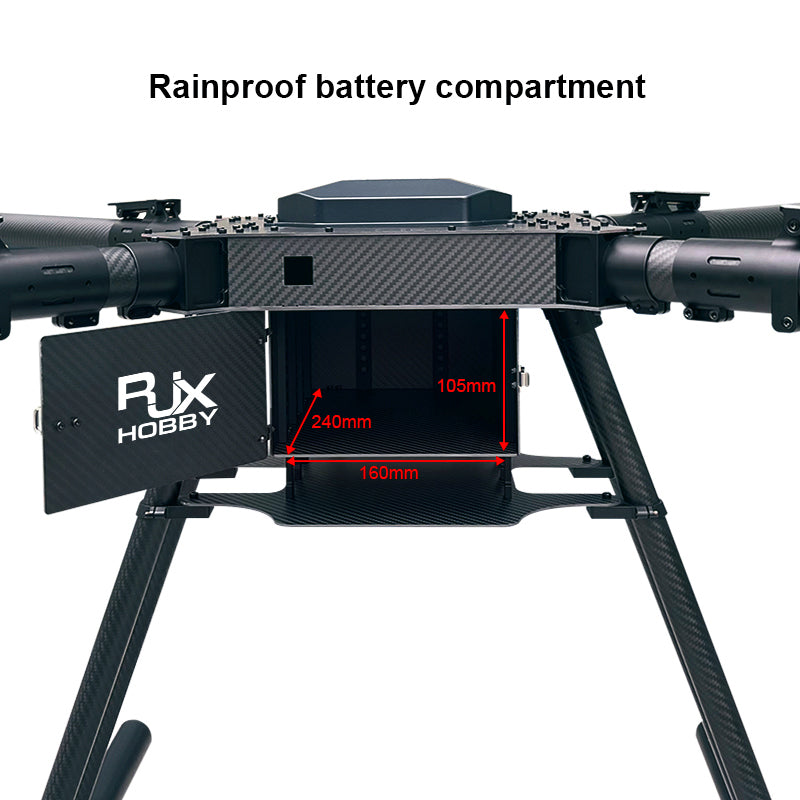 Water-resistant battery compartment for hobbies, measuring 105mm x 240mm x 460mm.