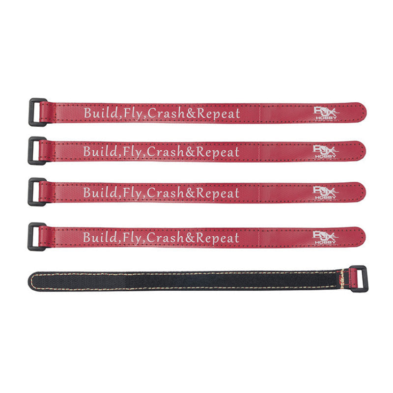 RJXHOBBY RJX Non-Slip Silicone Battery Strap, RJXHOBBY red non-slip silicone battery straps with metal buckles, “Build, Fly, Crash&Repeat” text