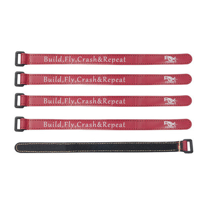 RJXHOBBY RJX Non-Slip Silicone Battery Strap, RJXHOBBY red non-slip silicone battery straps with metal buckles, “Build, Fly, Crash&Repeat” text