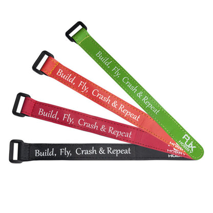 RJXHOBBY non-slip silicone battery straps with buckles, in green, orange, red and black with “Build, Fly, Crash & Repeat” text