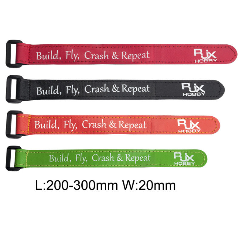 RJXHOBBY non-slip silicone battery straps with metal buckles, 20mm wide, 200–300mm long, assorted colors