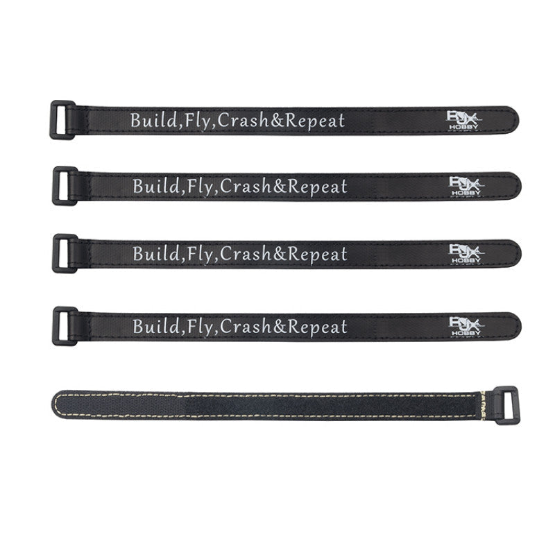 RJXHOBBY RJX Non-Slip Silicone Battery Strap, Set of five black RJXHOBBY battery straps with buckle and "Build, Fly, Crash & Repeat" text