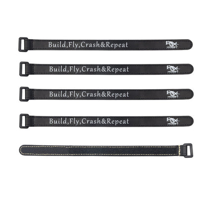 RJXHOBBY RJX Non-Slip Silicone Battery Strap, Set of five black RJXHOBBY battery straps with buckle and "Build, Fly, Crash & Repeat" text