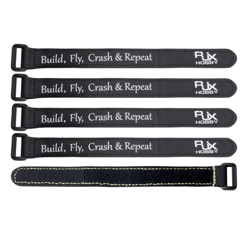 RJXHOBBY Non-Slip Silicone Battery Strap, RJXHOBBY black battery straps with buckle, “Build, Fly, Crash & Repeat” text and RJX HOBBY logo