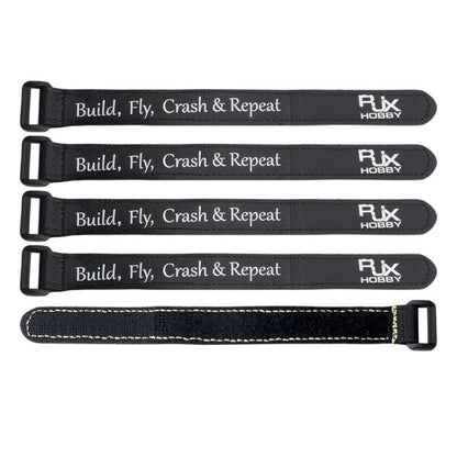 RJXHOBBY Non-Slip Silicone Battery Strap, RJXHOBBY black battery straps with buckle, “Build, Fly, Crash & Repeat” text and RJX HOBBY logo