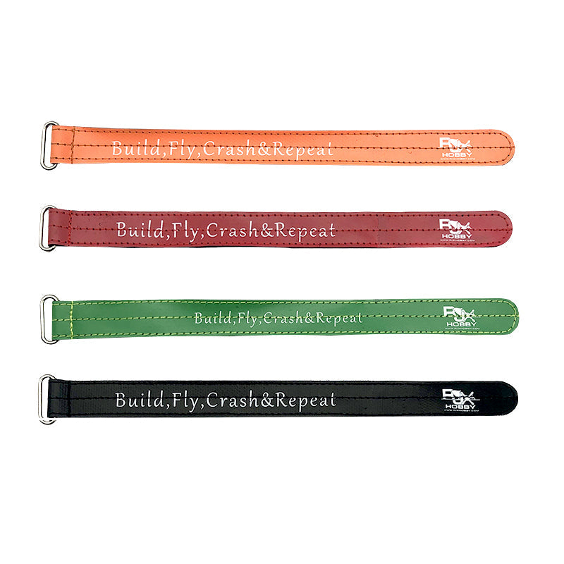 RJXHOBBY Kevlar Stitched Battery Strap, Four RJXHOBBY stitched battery straps with metal buckles in orange, red, green, and black