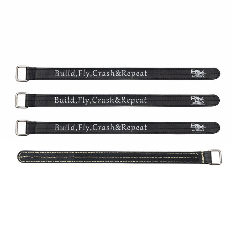 RJXHOBBY kevlar stitched battery straps with metal buckles, black with "Build, Fly, Crash&Repeat" print