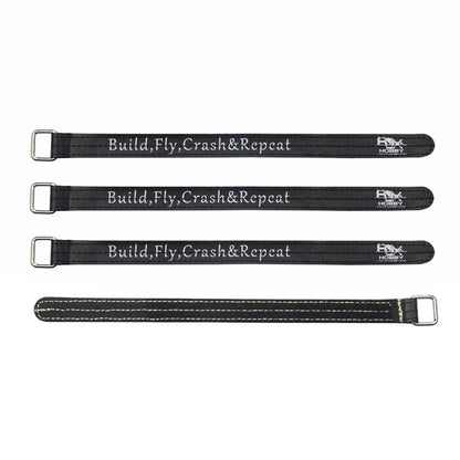 RJXHOBBY kevlar stitched battery straps with metal buckles, black with "Build, Fly, Crash&Repeat" print