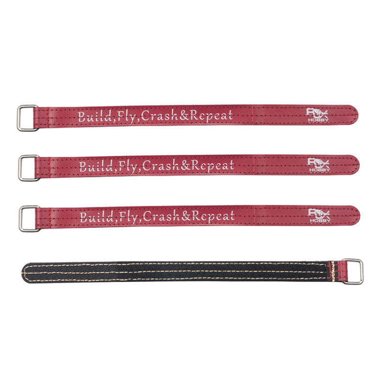 RJXHOBBY Kevlar stitched battery straps with metal buckles, red and black, “Build, Fly, Crash & Repeat”