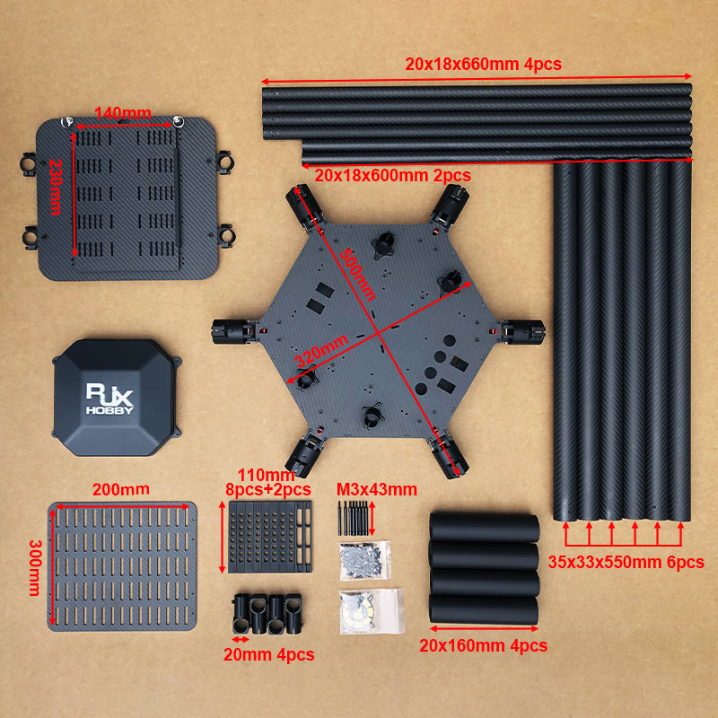 RJX 1600mm Drone, Aluminum frames, carbon fiber parts, screws, and modules: a comprehensive kit for building or repairing something.