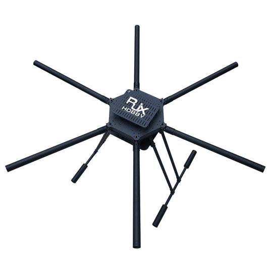 RJX Hobby carbon fiber hexacopter frame with six long arms, central hub plate, and landing gear, no motors