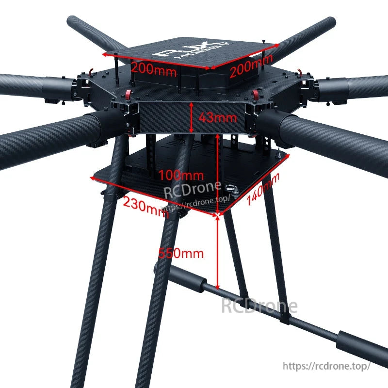 RJX1600 carbon fiber folding hexacopter frame with landing gear and 200mm top plate dimensions marked