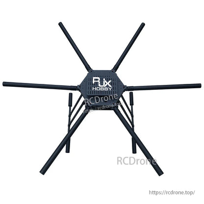 RJX1600 carbon fiber hexacopter frame with six tubular arms, central hub plate, and landing gear