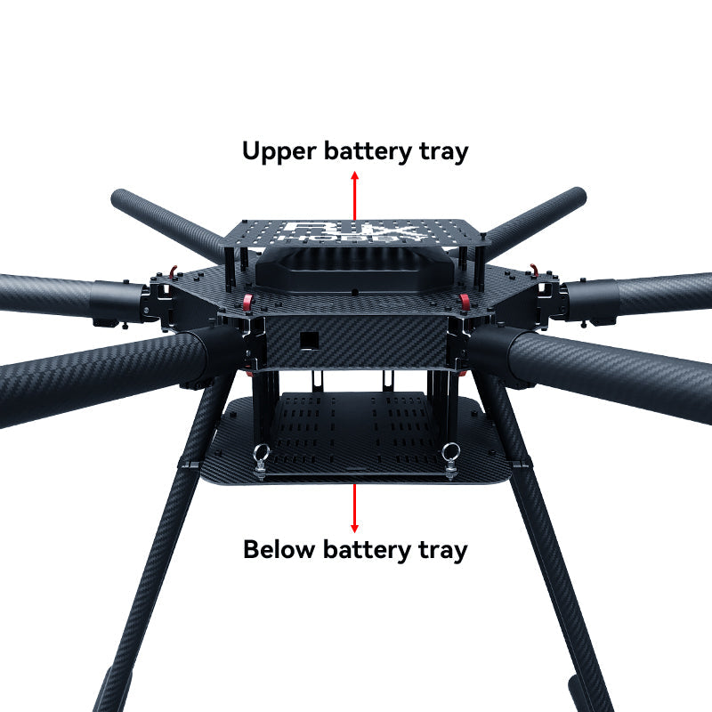 RJX1600 carbon fiber hexacopter frame center section with six arms and upper and lower battery trays