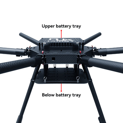 RJX1600 carbon fiber hexacopter frame center section with six arms and upper and lower battery trays
