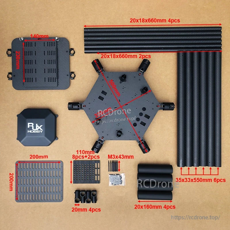 RJX1600 carbon fiber folding hexacopter frame kit with center plates, boom tubes, clamps and M3 hardware