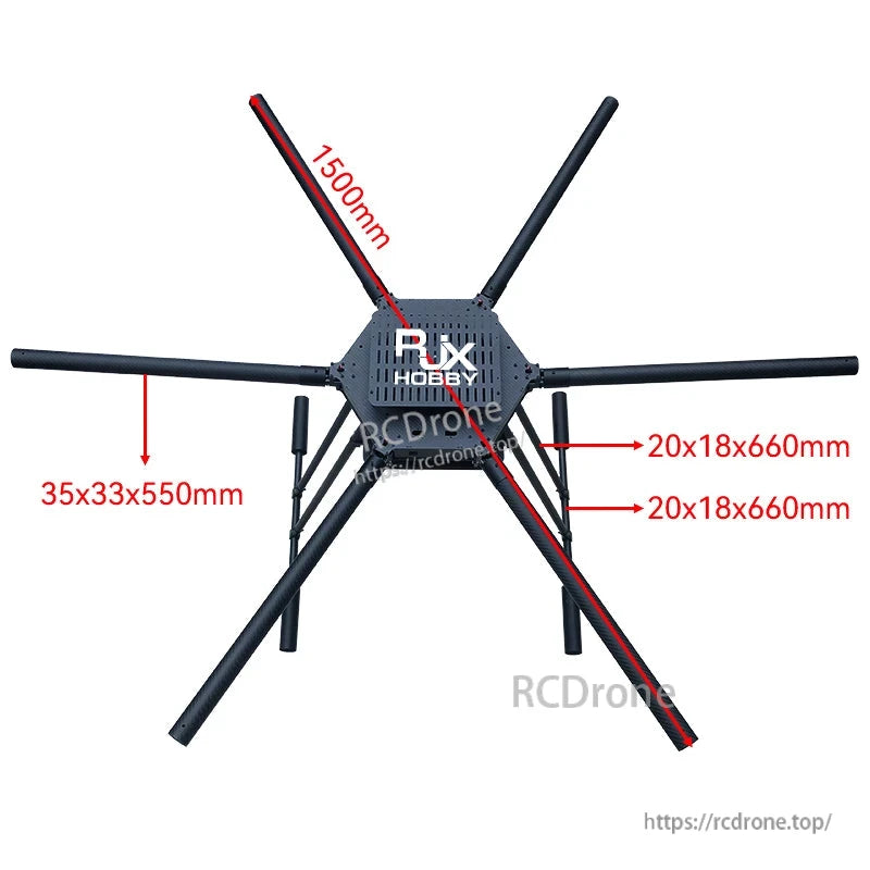 RJX carbon fiber folding hexacopter frame with six arms and center plate, with 1500mm span and tube sizes labeled