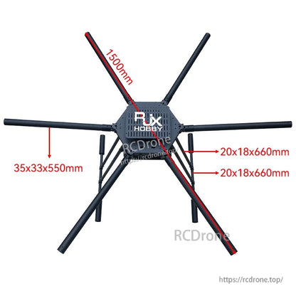 RJX carbon fiber folding hexacopter frame with six arms and center plate, with 1500mm span and tube sizes labeled