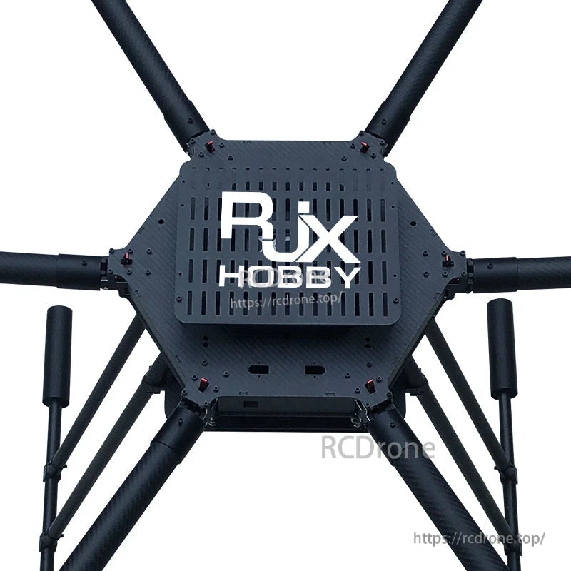 RJX carbon fiber hexacopter frame with hexagonal center plate, six arms, and landing gear installed