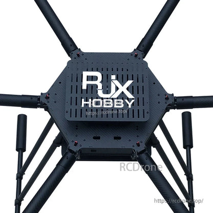 RJX carbon fiber hexacopter frame with hexagonal center plate, six arms, and landing gear installed