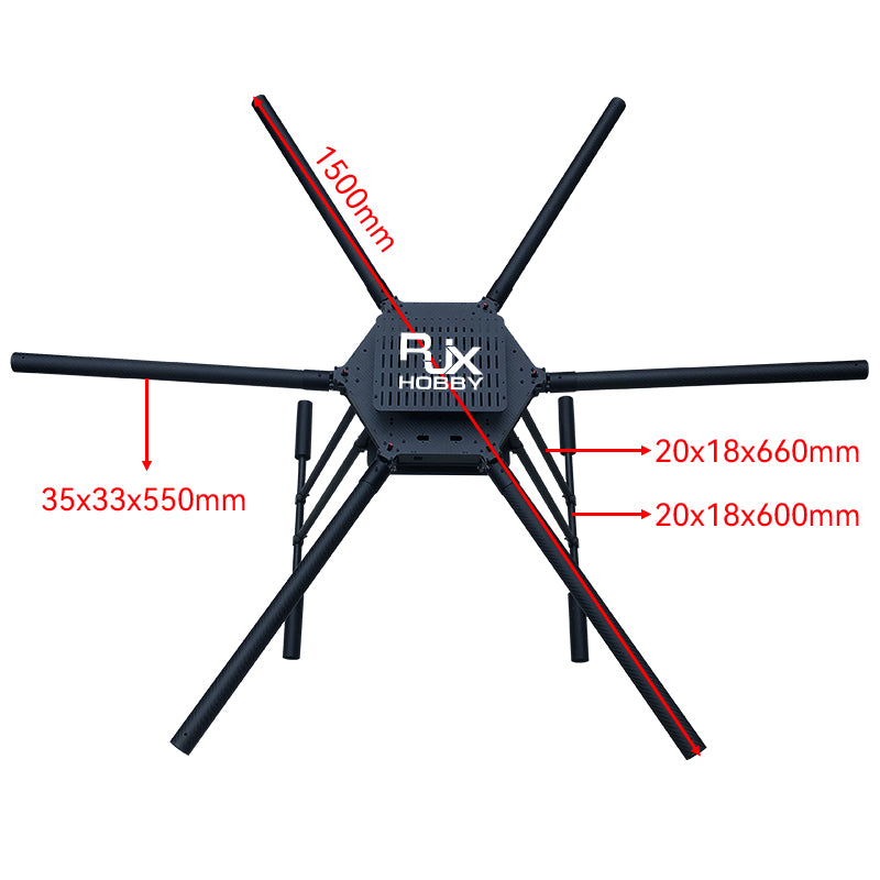 RJX 1600mm Drone, Carbon fiber drone frame with umbrella design, measuring 660mm x 550mm unfolded and 660mm x 600mm folded.