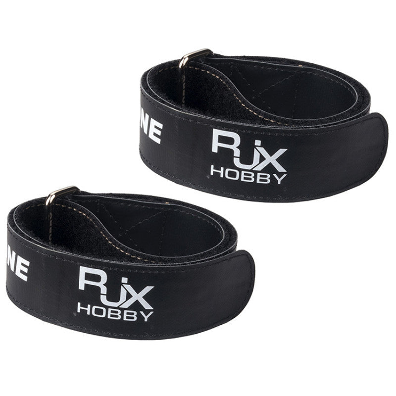 RJXHOBBY 25mm Non-Slip Silicone Battery Strap, Pair of RJXHOBBY black 25mm non-slip silicone battery straps with metal buckles and white logo