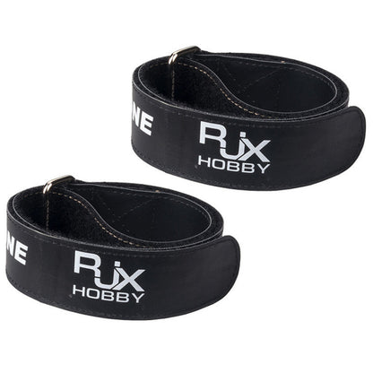 RJXHOBBY 25mm Non-Slip Silicone Battery Strap, Pair of RJXHOBBY black 25mm non-slip silicone battery straps with metal buckles and white logo