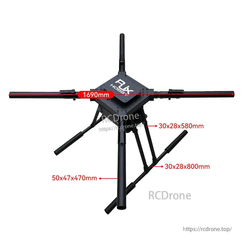 RJX1620 carbon fiber umbrella folding quadcopter frame with four long arms, landing legs, and labeled tube dimensions