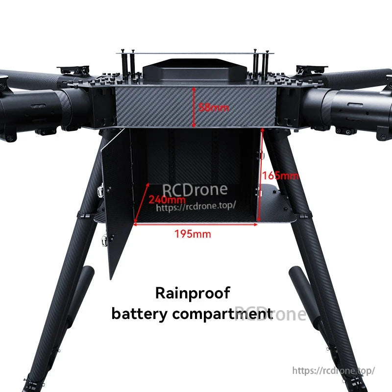 Carbon fiber quadcopter frame center body with rainproof battery compartment and 195 x 240 mm size markings