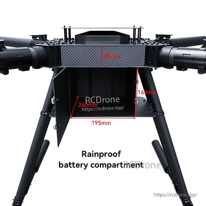 Carbon fiber quadcopter frame center body with rainproof battery compartment and 195 x 240 mm size markings