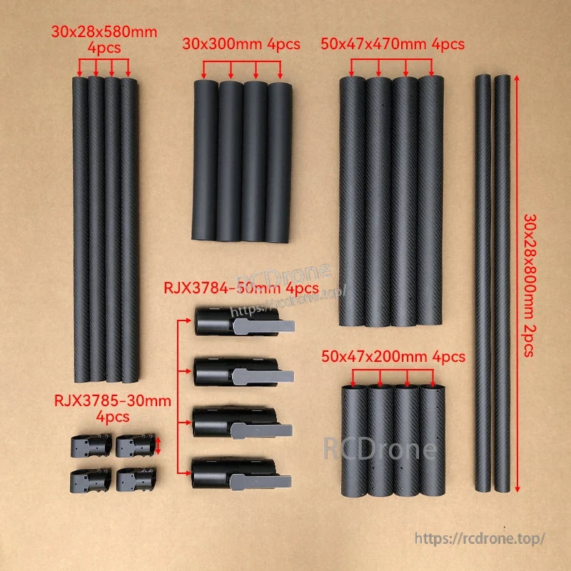 RJX1620 carbon fiber umbrella folding quadcopter frame kit with labeled 30x28, 30x30, 50x47 tubes and RJX3784/RJX3785 connectors laid out