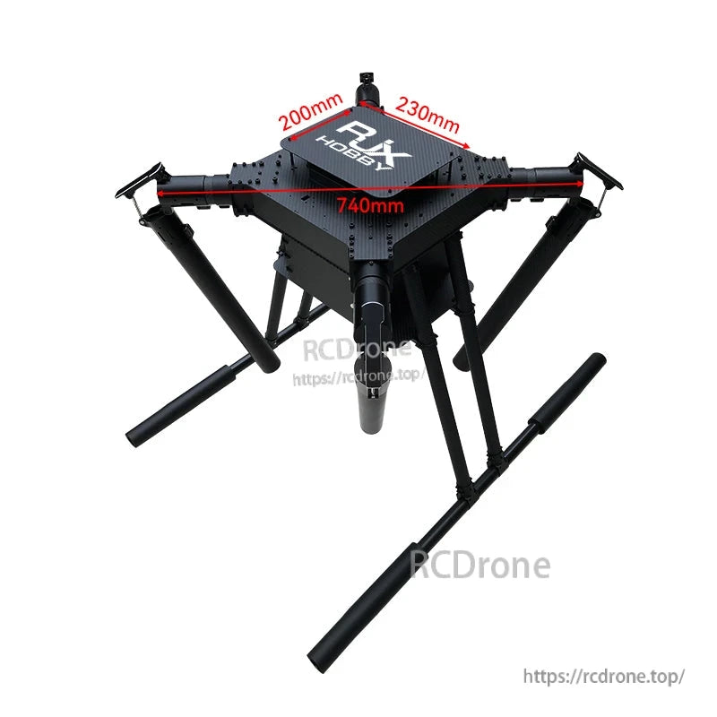 RJX carbon fiber folding quadcopter frame with landing skids, top plate marked 200mm, 230mm and 740mm