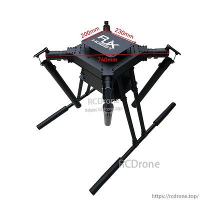 RJX carbon fiber folding quadcopter frame with landing skids, top plate marked 200mm, 230mm and 740mm