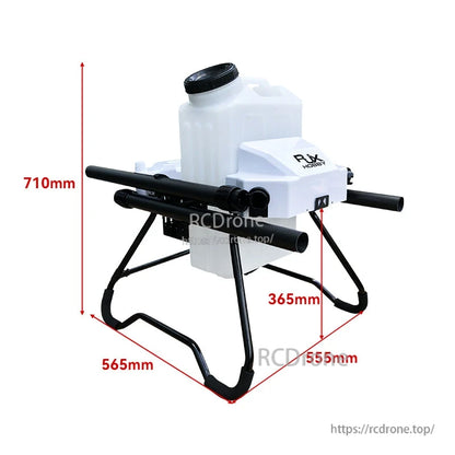 RJX1800 4-axis agricultural spraying drone frame kit with 20L white tank, carbon frame stand, and marked dimensions