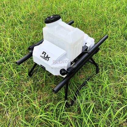 RJX Hobby agricultural spraying drone frame kit with white chemical tank, carbon fiber arms and landing legs