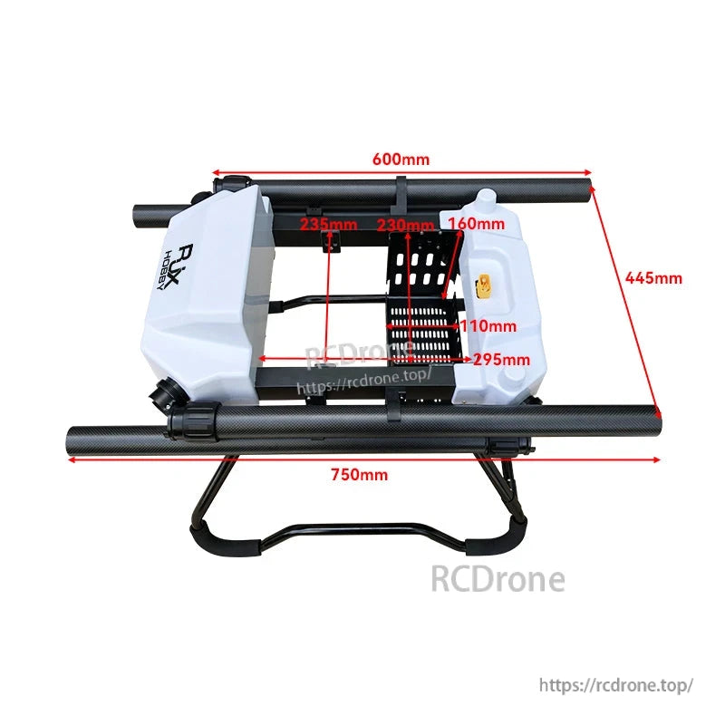 RJX1800 agricultural spraying drone frame kit with carbon fiber arms, landing gear, and labeled dimensions