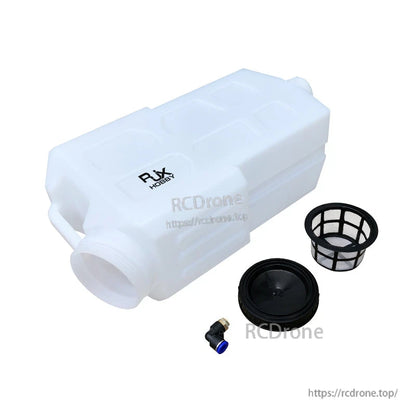RJX1800 20L agricultural spraying drone tank with handle, screw-on cap, mesh filter basket, and elbow fitting on a white background