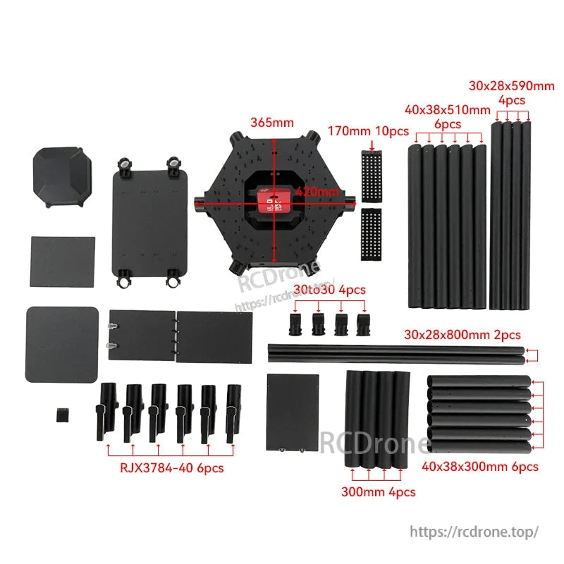 RJX1850A 6-axis carbon fiber umbrella folding hexacopter frame kit with center plates, battery trays, tubes, and joints laid out