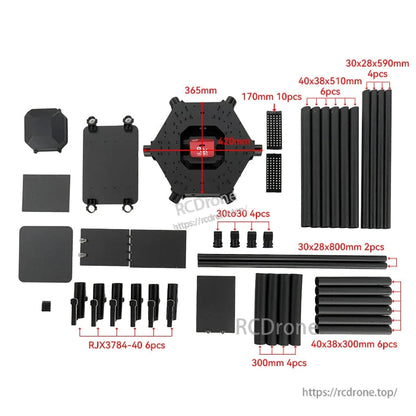 RJX1850A 6-axis carbon fiber umbrella folding hexacopter frame kit with center plates, battery trays, tubes, and joints laid out