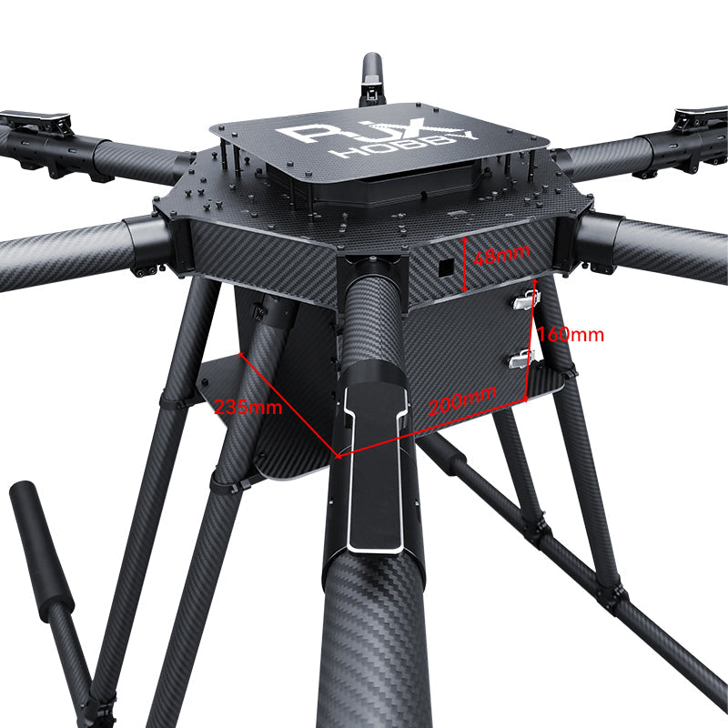 RJX1850A carbon fiber folding hexacopter frame with braced landing legs and dimension callouts (235mm, 200mm, 160mm)