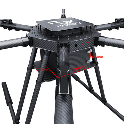 RJX1850A carbon fiber folding hexacopter frame with braced landing legs and dimension callouts (235mm, 200mm, 160mm)