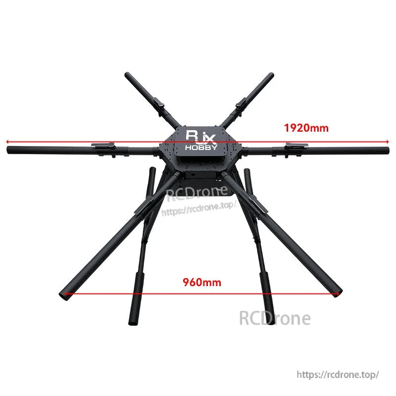 RJX1850A folding hexacopter frame top view with six carbon-fiber arms and 1920mm span, 960mm length noted