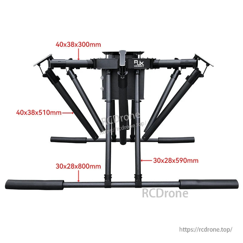 RJX1850A carbon fiber umbrella-folding hexacopter frame with labeled arm tube dimensions and dual battery tray mounts