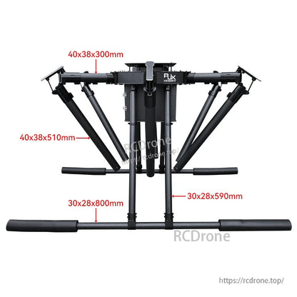 RJX1850A carbon fiber umbrella-folding hexacopter frame with labeled arm tube dimensions and dual battery tray mounts
