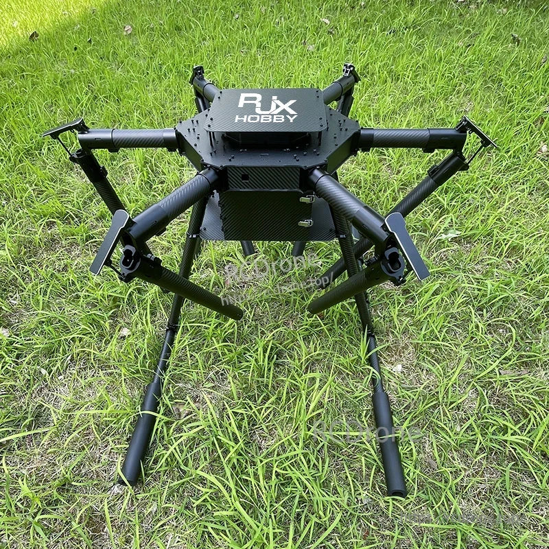 RJX1850A 6-axis carbon fiber umbrella folding hexacopter frame with tall landing gear and modular center body, no motors installed