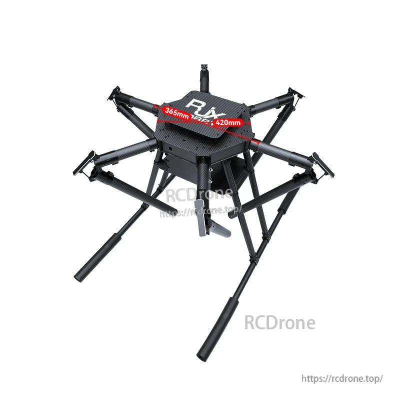 RJX1850A carbon fiber folding hexacopter frame with six arms, landing gear, and 365mm x 420mm top plate