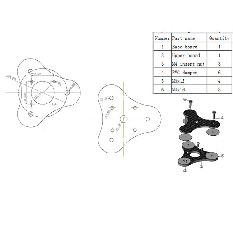 RJXHOBBY carbon fiber folding propeller hub hardware set with base and upper boards, nuts, dampers, and screws layout diagram