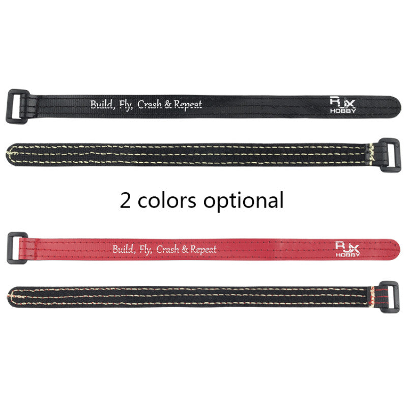 RJXHOBBY RJX Non-Slip Silicone Battery Strap, RJXHOBBY non-slip silicone battery straps with buckle, black and red options, “Build, Fly, Crash & Repeat”